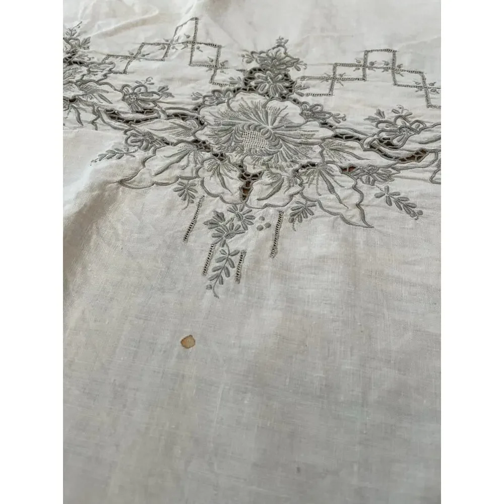 Vintage Hand Embroidery Floral Linen Tablecloth Ivory Rectangular 98